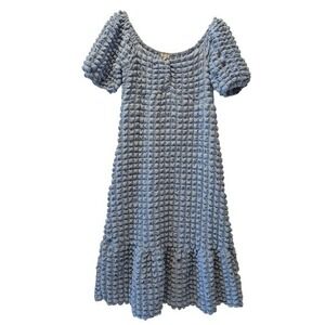 Popcorn Bubble Texture Puff Sleeve Tiered Midi Dress Dusty Blue XL 1577DBTB